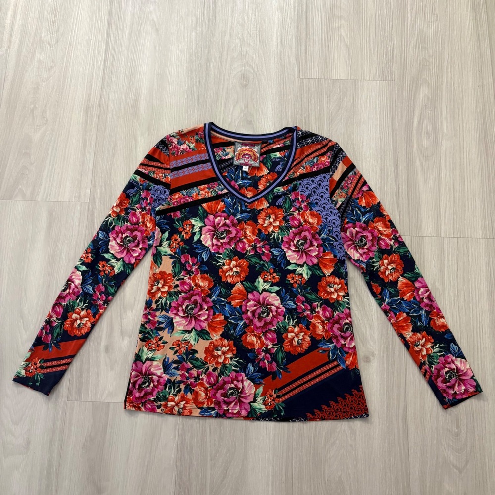 Johnny Was Top Women Los Angeles Floral Patchwork V-Neck Long Sleeve Top Navy XS